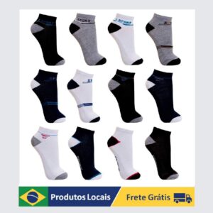 Kit Pacote de Meia Cano Curto Soquete Sport Adulto Masculino 12 Pares em Cores Sortidas